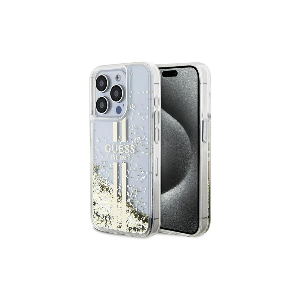 Etui Guess GUHCP15LLFCSEGT Apple iPhone 15 Pro hardcase Liquid Glitter Gold Stripes transparent
