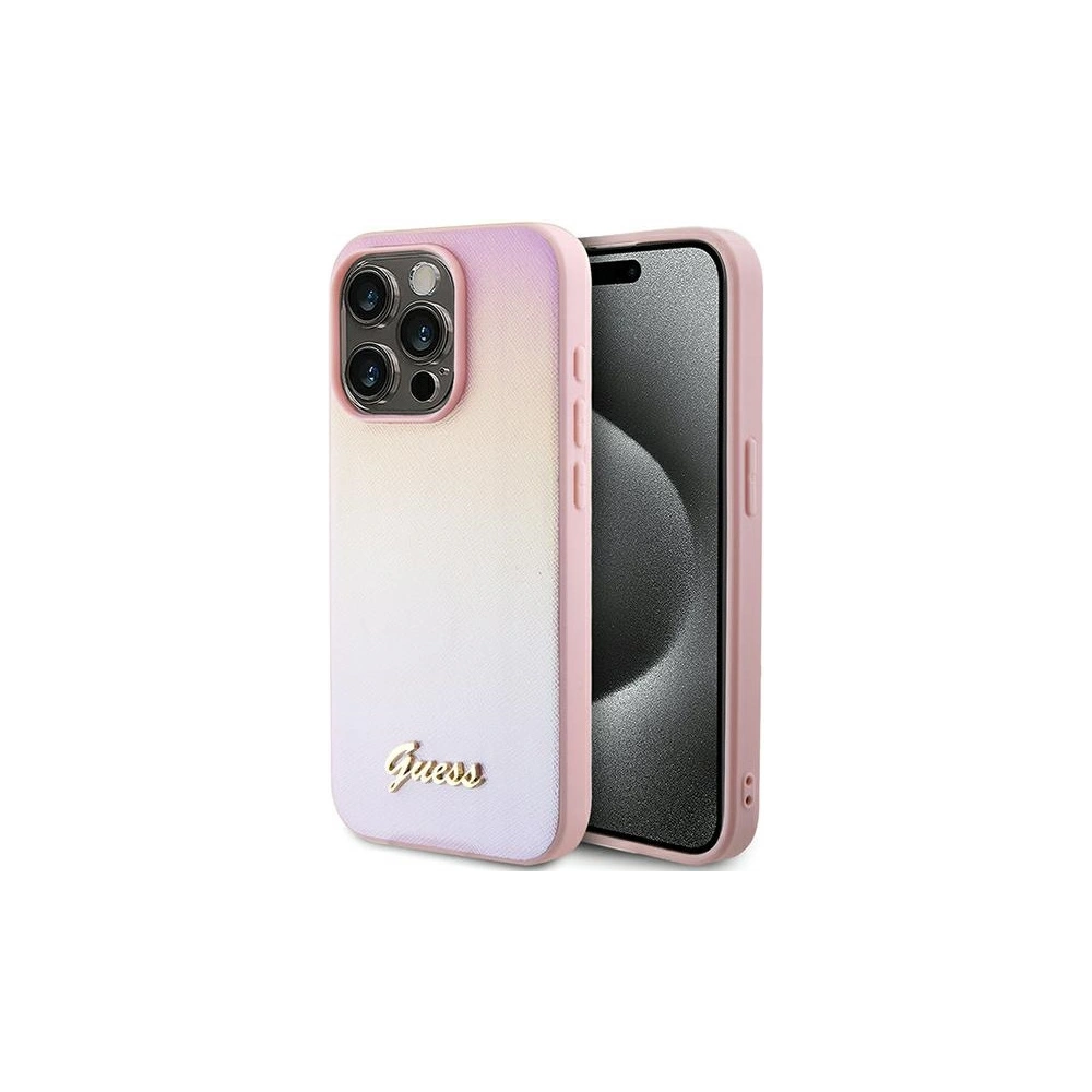 Etui Guess GUHCP15LPSAIRSP Apple iPhone 15 Pro hardcase Saffiano Iridescent Script różowy/pink
