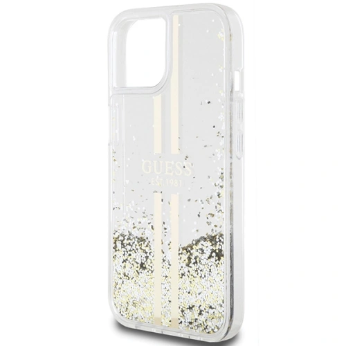 Kup Etui Guess GUHCP15SLFCSEGT Apple iPhone 15 / 14 / 13 hardcase Liquid Glitter Gold Stripes transparent - GUE3196 - {ean13} - Sklep Home Screen