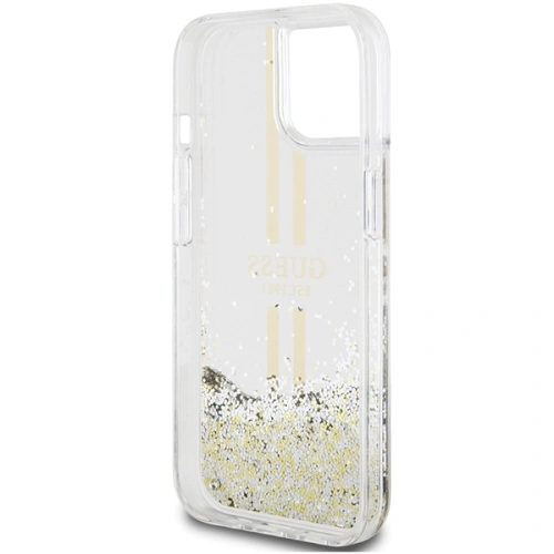 Kup Case Guess GUHCP15SLFCSEGT Apple iPhone 15 / 14 / 13 Hardcase Liquid Glitter Gold Stripes transparent - GUE3196 - {ean13} - Sklep Home Screen