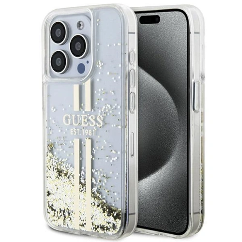Buy Guess GUHCP15XLFCSEGT Apple iPhone 15 Pro Max hardcase Liquid Glitter Gold Stripes transparent - GUE3201 - {ean13} - Home Screen Store Europe