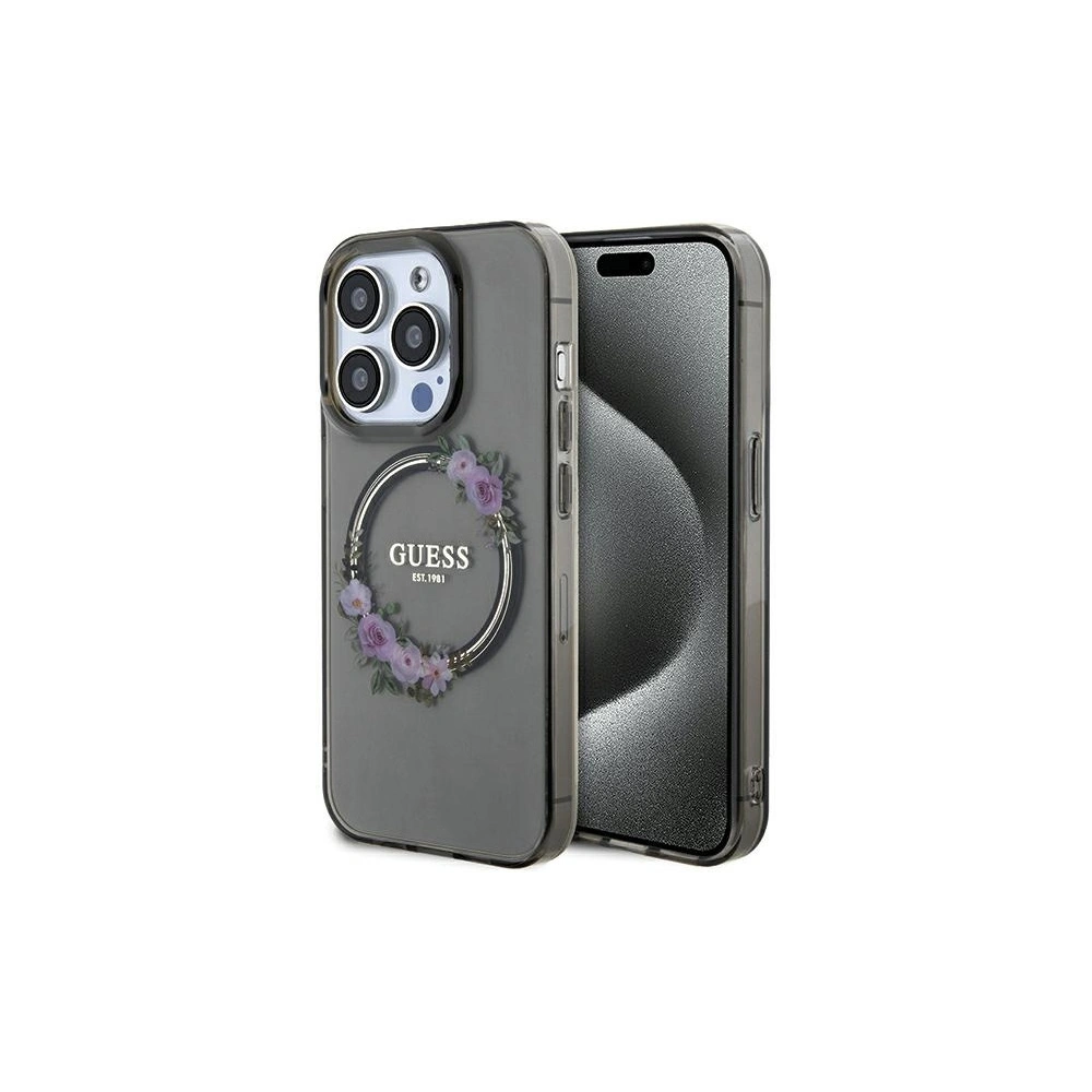 Etui Guess GUHMP15LHFWFCK Apple iPhone 15 Pro hardcase IML Flowers Wreatch MagSafe czarny/black