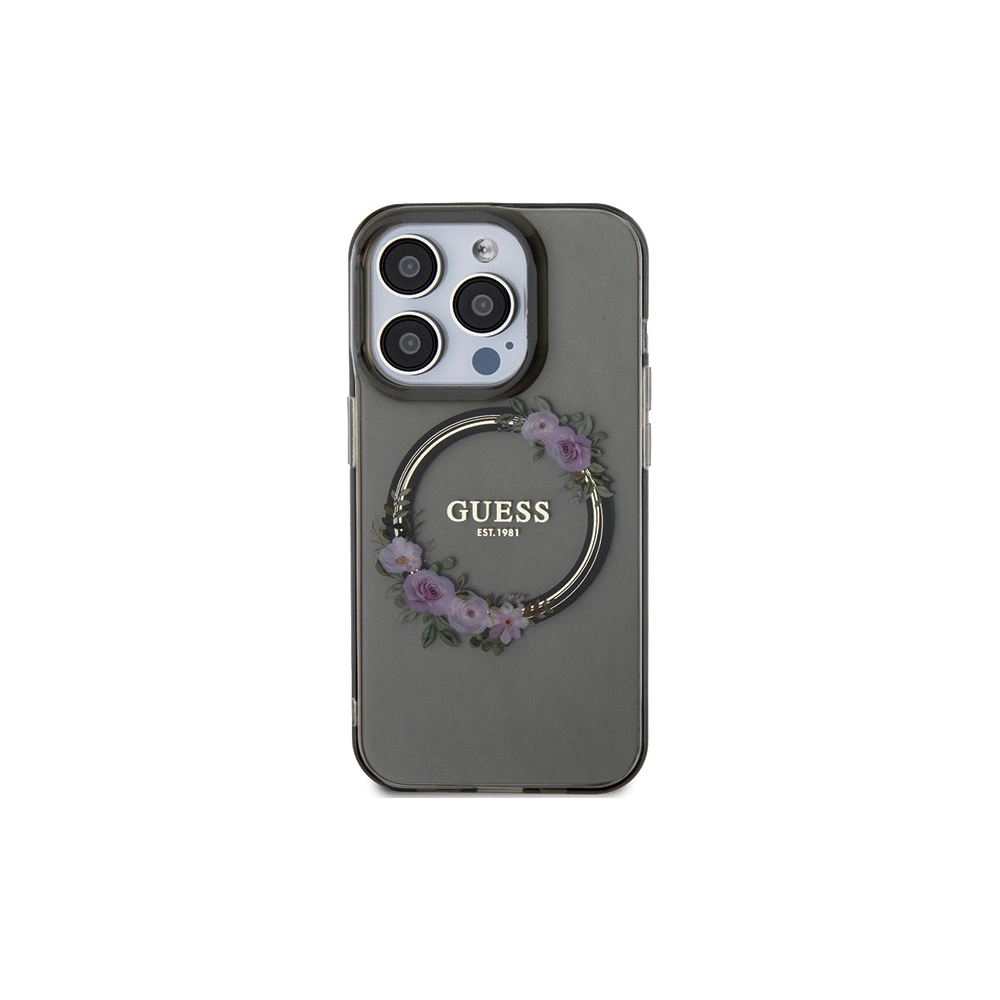 Etui Guess GUHMP15LHFWFCK Apple iPhone 15 Pro hardcase IML Flowers Wreatch MagSafe czarny/black