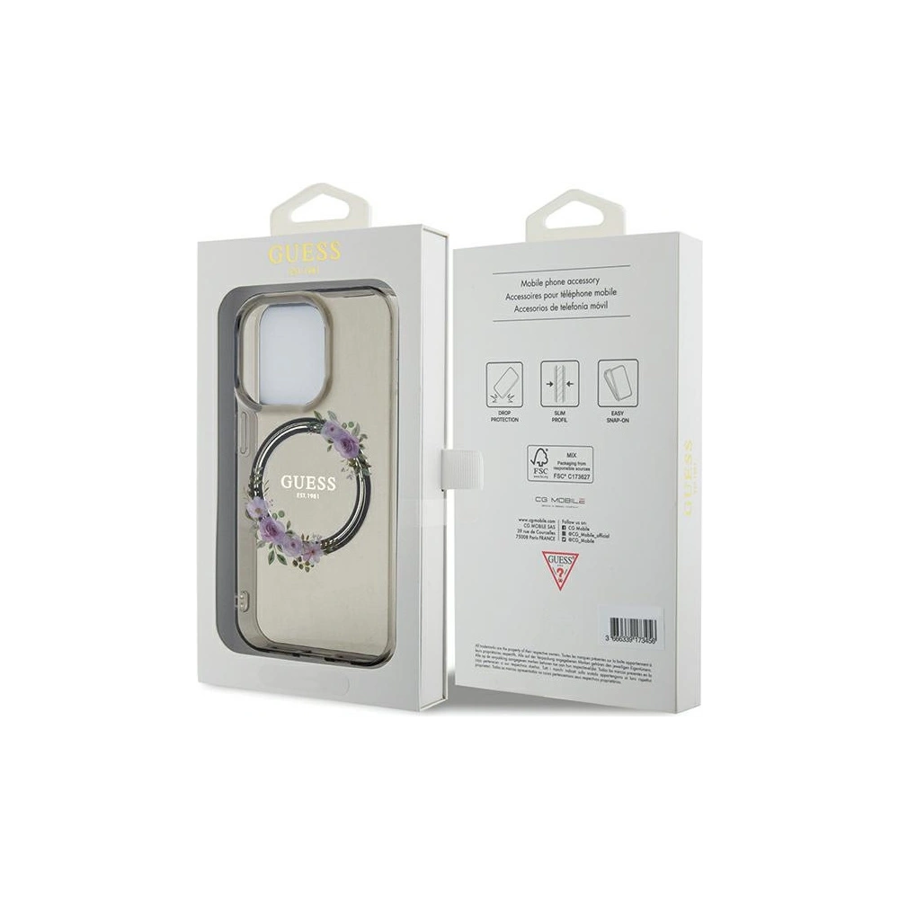 Etui Guess GUHMP15LHFWFCK Apple iPhone 15 Pro hardcase IML Flowers Wreatch MagSafe czarny/black