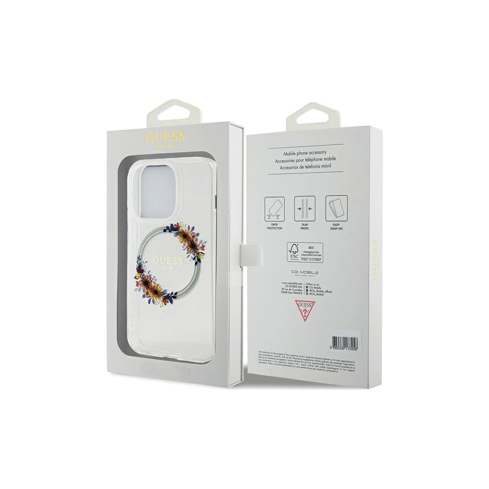 Etui Guess GUHMP15LHFWFCT Apple iPhone 15 Pro hardcase IML Flowers Wreatch MagSafe transparent