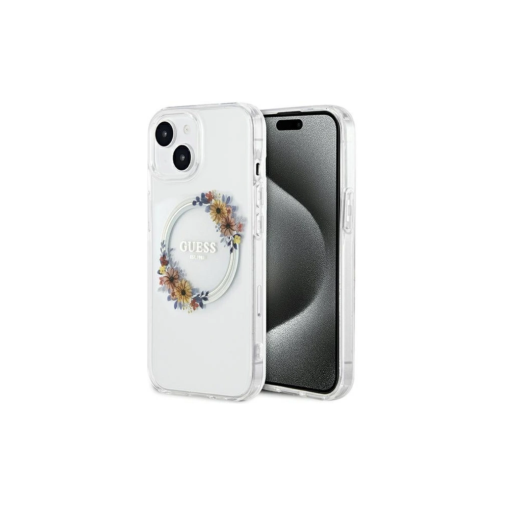 Etui Guess GUHMP15SHFWFCT Apple iPhone 15 / 14 hardcase IML Flowers Wreatch MagSafe transparent