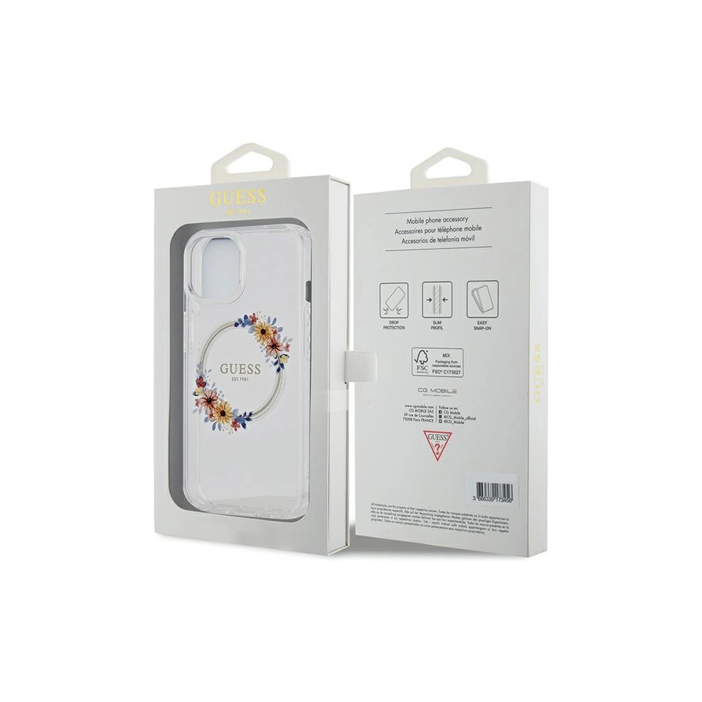 Etui Guess GUHMP15SHFWFCT Apple iPhone 15 / 14 hardcase IML Flowers Wreatch MagSafe transparent