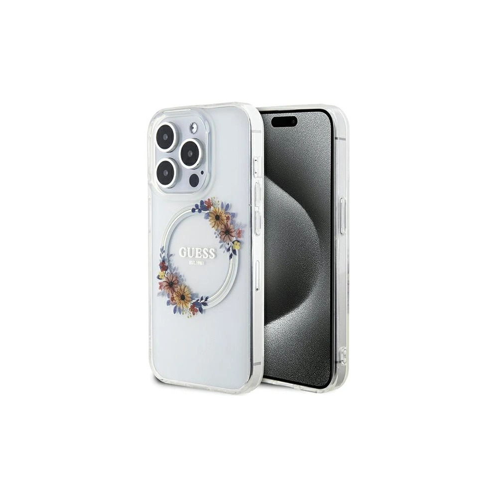 Etui Guess GUHMP15XHFWFCT Apple iPhone 15 Pro Max hardcase IML Flowers Wreatch MagSafe transparent