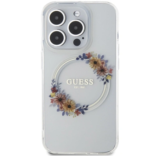 Buy Guess GUHMP15XHFWFCT Apple iPhone 15 Pro Max hardcase IML Flowers Wreatch MagSafe transparent - GUE3256 - {ean13} - Home Screen Store Europe