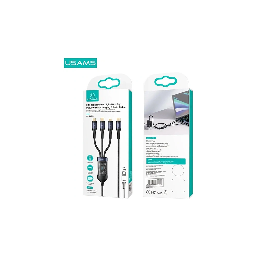 Kabel 3w1 USAMS US-SJ600 USB-C / Lightning / microUSB / USB-C 100W 1,2m czarny/black