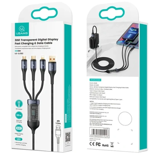 Kup Kabel 3w1 USAMS US-SJ582 USB-A / Lightning / microUSB / USB-C 66W 1,2m czarny/black - USA1043 - {ean13} - Sklep Home Screen