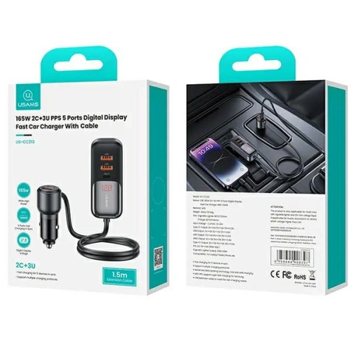Kup USAMS C40 autós töltő 3xUSB-A, 2xUSB-C 165W PD+QC Gyors Töltés fekete - USA1062 - {ean13} - Sklep Home Screen