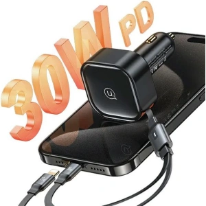 Kup Ładowarka samochodowa USAMS C41 ze zwijanym kablem 1xUSB-C, 1xLightning PD 30W Fast Charge czarny/black - USA1063 - {ean13} - Sklep Home Screen