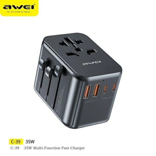 Buy AWEI C-39 travel charger 2xUSB-A, 3xUSB-C 35W US/AU/EU/UK black - AWEI180 - {ean13} - Home Screen Store Europe