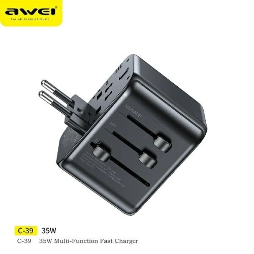 Buy AWEI C-39 travel charger 2xUSB-A, 3xUSB-C 35W US/AU/EU/UK black - AWEI180 - {ean13} - Home Screen Store Europe