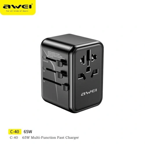 Kup Reise-Netzteil AWEI C-40 2xUSB-A, 3xUSB-C 65W US/AU/EU/UK schwarz/black - AWEI181 - {ean13} - Sklep Home Screen