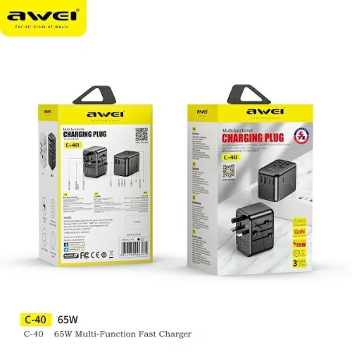 Kup Reise-Netzteil AWEI C-40 2xUSB-A, 3xUSB-C 65W US/AU/EU/UK schwarz/black - AWEI181 - {ean13} - Sklep Home Screen