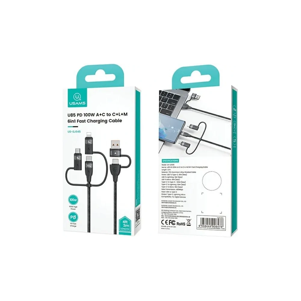 Kabel USAMS U85 US-SJ646 2xUSB-C/USB-A/Micro-USB/ Lightning 6w1 2m 100W PD Fast Charge fioletowy