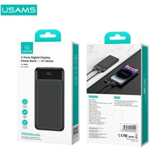Powerbank USAMS US-CD202 30000mAh microUSB, USB-A, USB-C, 10W z wyświetlaczem czarny/black