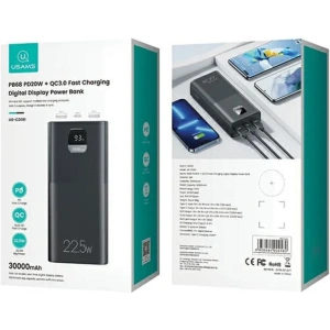 Powerbank USAMS PB68 30000mAh 2xUSB-A, USB-C, 20W, PD, QC 3.0 z wyświetlaczem czarny/black