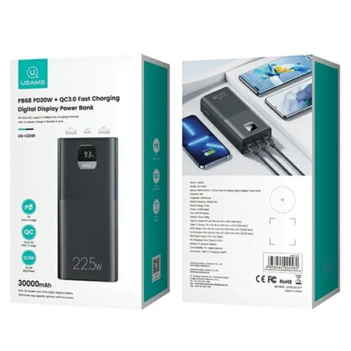 Buy USAMS PB68 powerbank 30000mAh 2xUSB-A, USB-C, 20W, PD, QC 3.0 with display black - USA1085 - {ean13} - Home Screen Store Europe