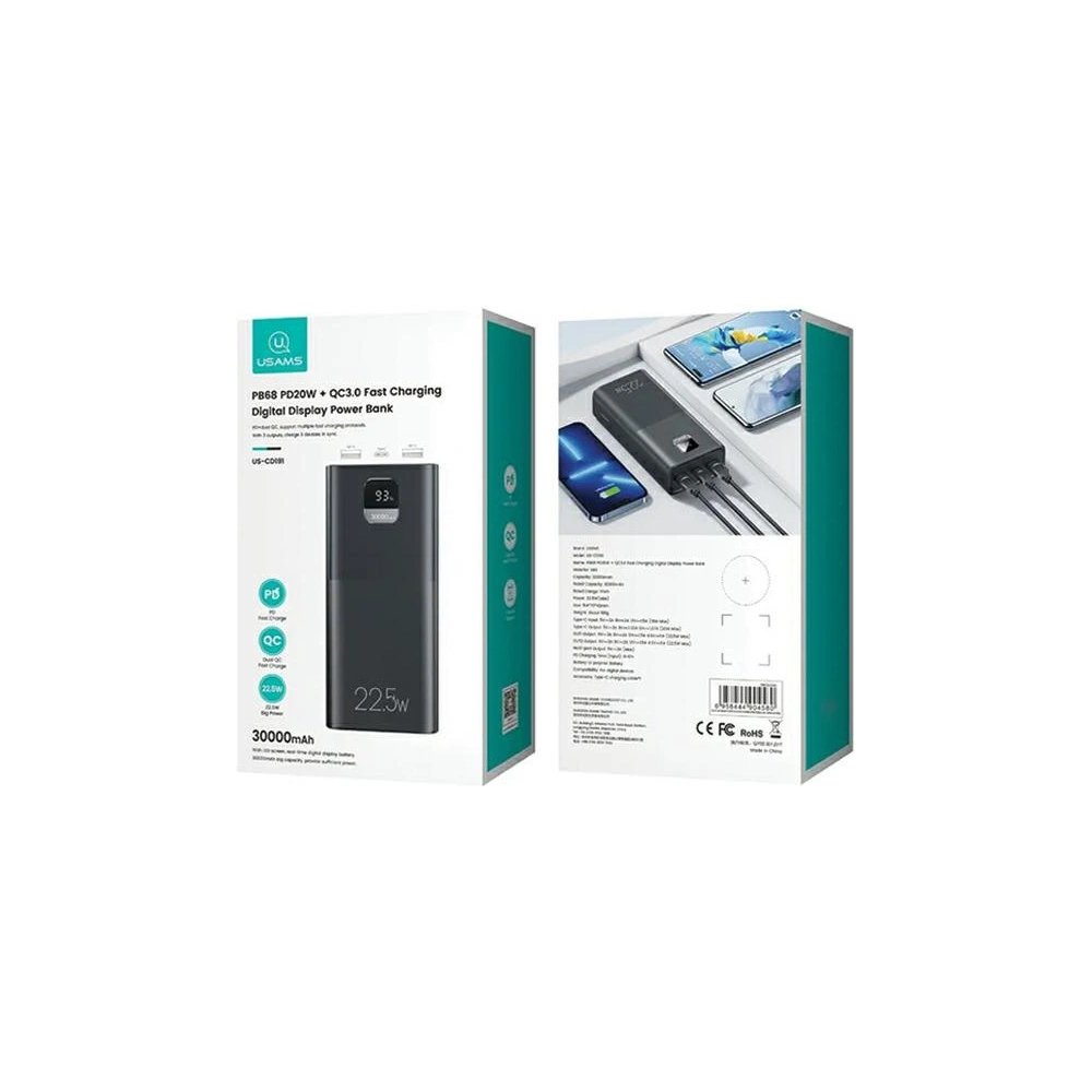 Powerbank USAMS PB68 30000mAh 2xUSB-A, USB-C, 20W, PD, QC 3.0 z wyświetlaczem czarny/black