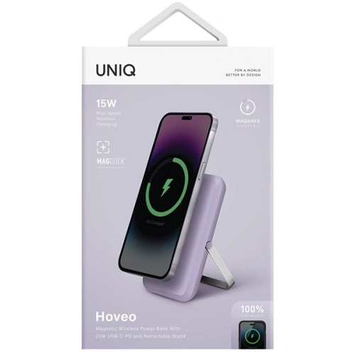Kup Powerbank mágneses UNIQ Hoveo 5000mAh USB-C 20W PD Gyors töltés Vezeték nélküli Magnetic lila/lilac levendula - UNIQ1116 - {ean13} - Sklep Home Screen