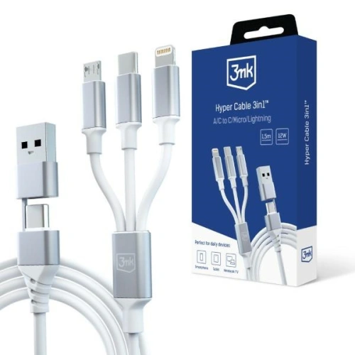 Kup Kabel 3MK Hyper 3in1 USB-A - USB-C / USB-C, microUSB, Lightning 1.5m Weiß/White - 3MK5800 - {ean13} - Sklep Home Screen