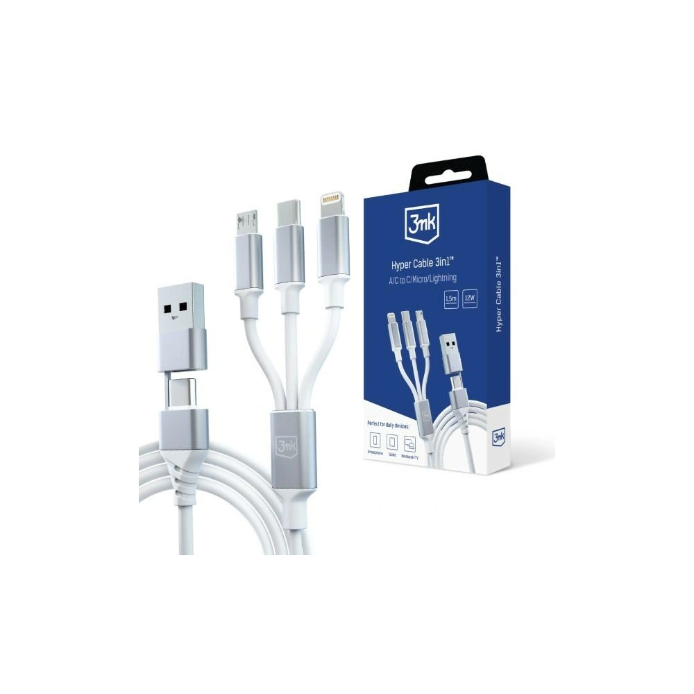 Kabel 3MK Hyper 3w1 USB-A - USB-C / USB-C, microUSB, Lightning 1.5m Biały/White
