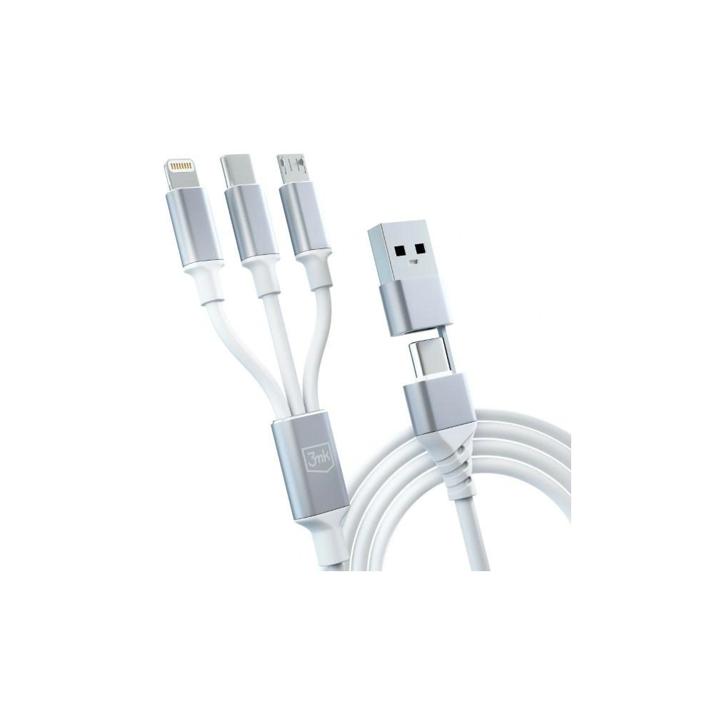 Kabel 3MK Hyper 3w1 USB-A - USB-C / USB-C, microUSB, Lightning 1.5m Biały/White