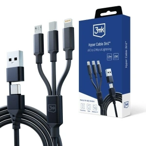 Kup Kabel 3MK Hyper 3w1 USB-A - USB-C / USB-C, microUSB, Lightning 1.5m Černý/Black - 3MK5801 - {ean13} - Sklep Home Screen
