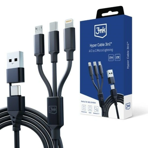 Kup Kábel 3MK Hyper 3w1 USB-A - USB-C / USB-C, microUSB, Lightning 1.5m Fekete/Black - 3MK5801 - {ean13} - Sklep Home Screen