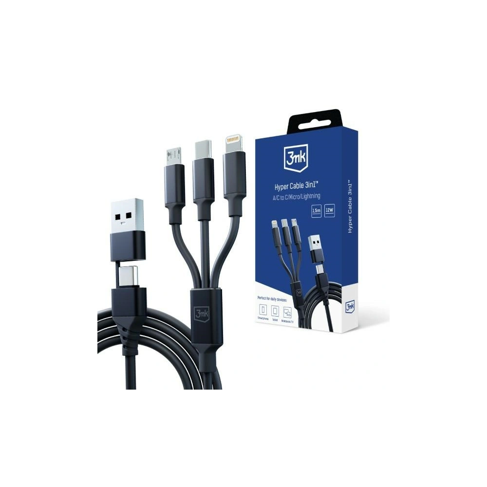 Kabel 3MK Hyper 3w1 USB-A - USB-C / USB-C, microUSB, Lightning 1.5m Czarny/Black