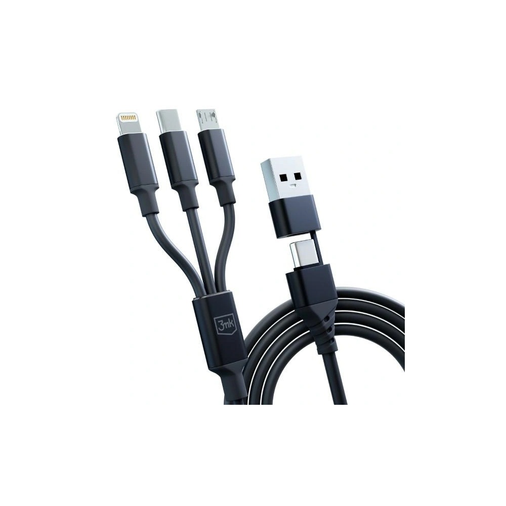 Kabel 3MK Hyper 3w1 USB-A - USB-C / USB-C, microUSB, Lightning 1.5m Czarny/Black