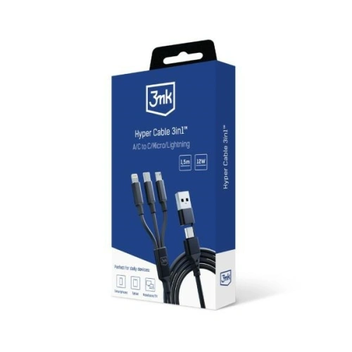 Buy 3MK cable Hyper 3w1 USB-A - USB-C / USB-C, microUSB, Lightning 1.5m black - 3MK5801 - {ean13} - Home Screen Store Europe