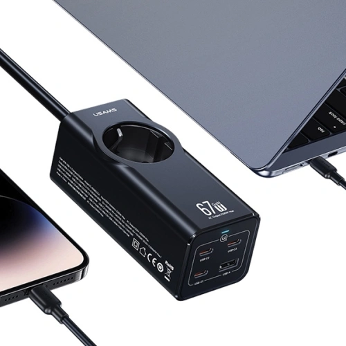 Kup Napájecí lišta USAMS AC / AC 2200W, USB-A 5W, 3xUSB-C 67W GaN PD QC FCP ADC PPS černá/black - USA1087 - {ean13} - Sklep Home Screen