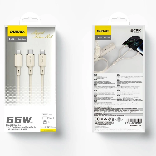 Kup Kabel 3w1 Dudao L7SE USB-C / USB-C, Lightning, microUSB 66W 1.2m béžový - DDA334 - {ean13} - Sklep Home Screen