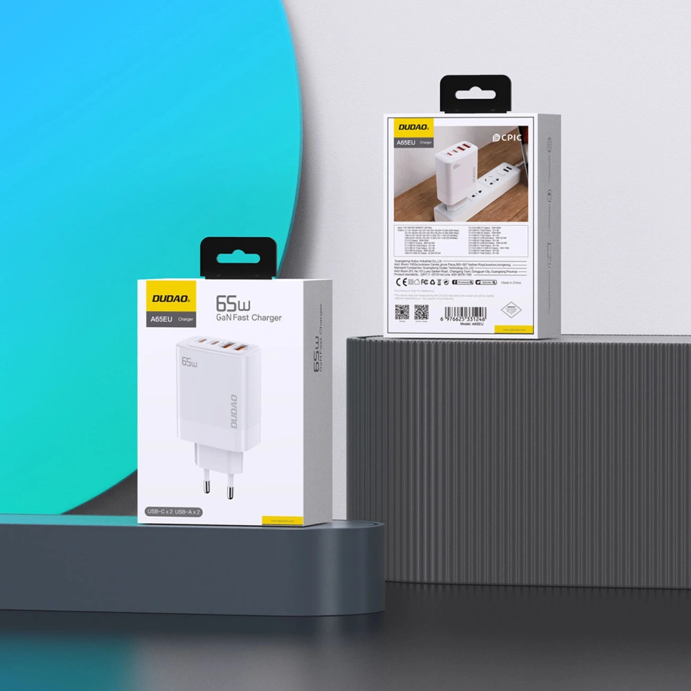 Ładowarka sieciowa GaN Dudao A65EU 2xUSB-A, 2xUSB-C PD 65W biała