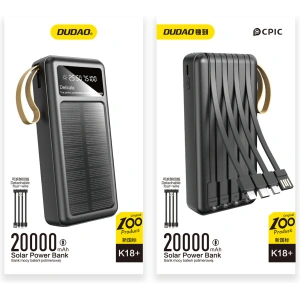 Kup Powerbank solarny Dudao K18+ USB-A, USB-C, Lightning, microUSB 20000mAh czarny - DDA345 - {ean13} - Sklep Home Screen