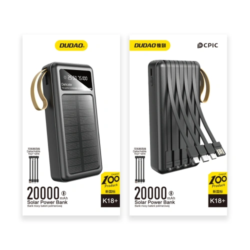 Kup Solární powerbank Dudao K18+ USB-A, USB-C, Lightning, microUSB 20000mAh černý - DDA345 - {ean13} - Sklep Home Screen