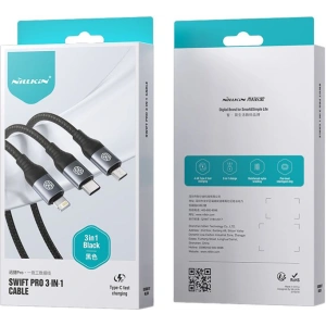 Kabel 3w1 Nillkin Swift Pro USB-A / microUSB 2A, USB-C 2A, Lightning 4.4A, 480Mbps, 1.5m Black / Czarny