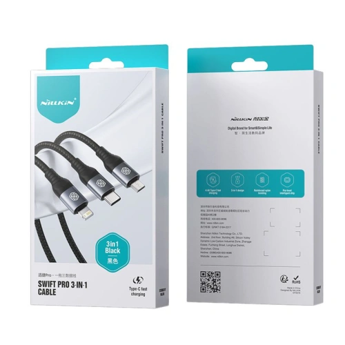 Kup Kabel 3w1 Nillkin Swift Pro USB-A / microUSB 2A, USB-C 2A, Lightning 4.4A, 480Mbps, 1.5m Schwarz / Czarny - NLK1516 - {ean13} - Sklep Home Screen