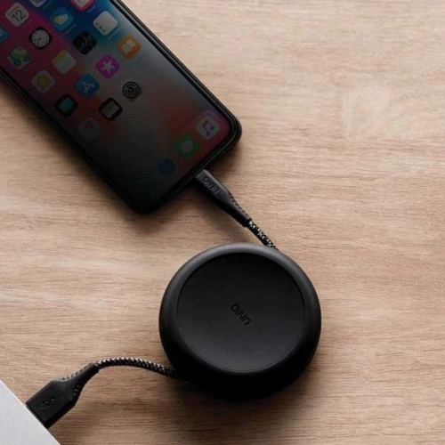 Kup UNIQ kabel MFI Halo Lightning 2.4A nylonový navíjecí 1,2m černý/midnight black - UNIQ128BLK - {ean13} - Sklep Home Screen