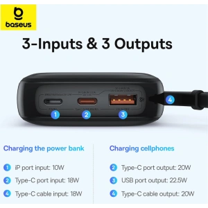 Buy Baseus QPow Pro+ powerbank 10000mAh 22.5W + built-in USB-C cable black - BSU4873 - {ean13} - Home Screen Store Europe