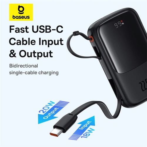 Buy Baseus QPow Pro+ powerbank 10000mAh 22.5W + built-in USB-C cable black - BSU4873 - {ean13} - Home Screen Store Europe