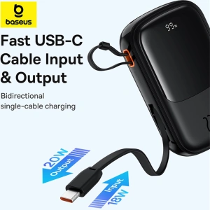 Powerbank Baseus QPow Pro+ 20000mAh 22.5W + wbudowany kabel USB-C czarny