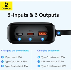 Powerbank Baseus QPow Pro+ 20000mAh 22.5W + wbudowany kabel USB-C czarny