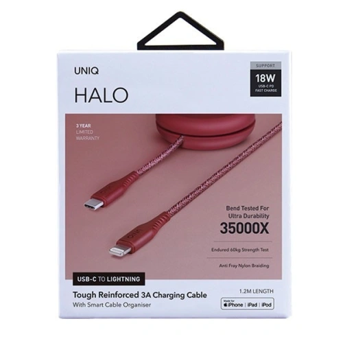 Kup UNIQ MFI Halo USB-C-Lightning 18W Nylon-Spiralkabel 1,2m rot/karminrot - UNIQ130RED - {ean13} - Sklep Home Screen