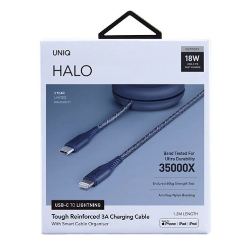 Kup UNIQ kabel MFI Halo USB-C-Lightning 18W nylonowy zwijany 1.2m niebieski/marine blue - UNIQ131BLUE - {ean13} - Sklep Home Screen