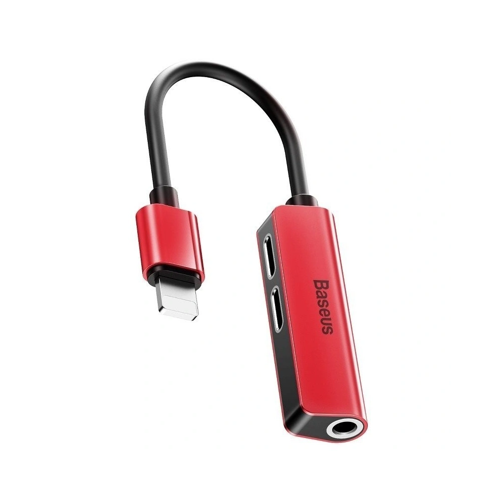 Adapter Audio Baseus L52 Lightning do Mini Jack 3.5mm i 2x Lightning (czerwony)